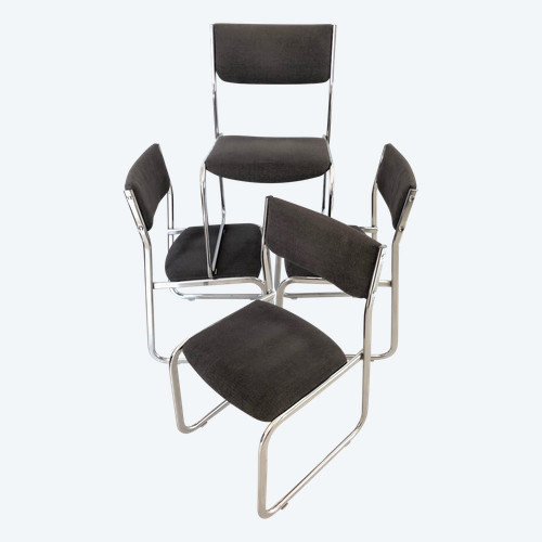 4 Chaises chromées, tissu gris, attribuées à Gastone Rinaldi, Italie années 70