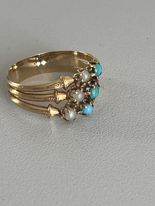 4806- Ring 3 Rings Yellow Gold Turquoise Pearls