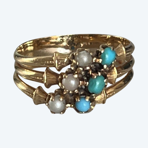 4806- Ring 3 Rings Yellow Gold Turquoise Pearls