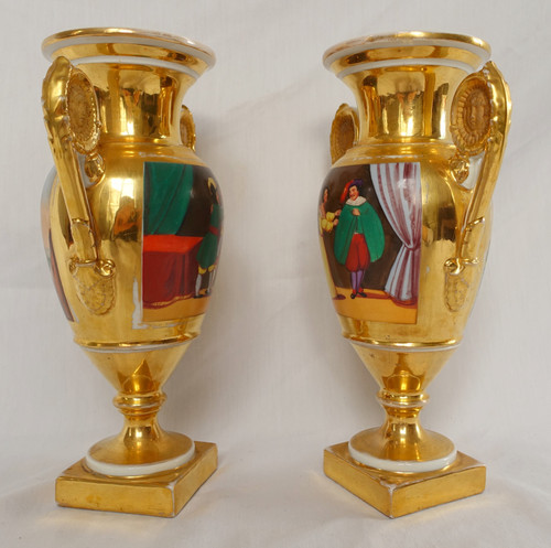 Pair of Empire ornamental vases in Paris porcelain - Restoration period