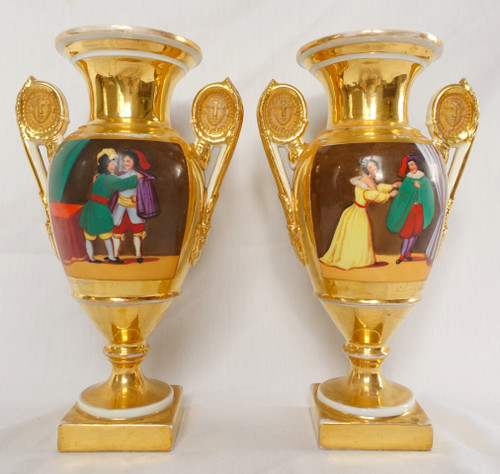 Pair of Empire ornamental vases in Paris porcelain - Restoration period