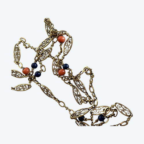 5216- Collier Sautoir Ancien Or Jaune Corail Lapis Lazuli