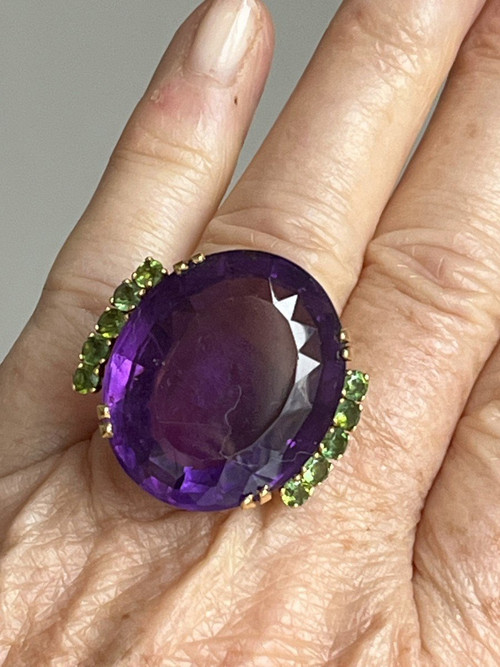 5268- Ring Cocktail Yellow gold Amethyst 35 Ct Peridots