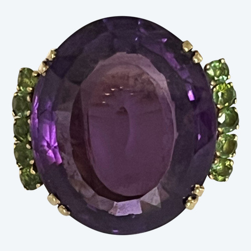 5268- Ring Cocktail Yellow gold Amethyst 35 Ct Peridots