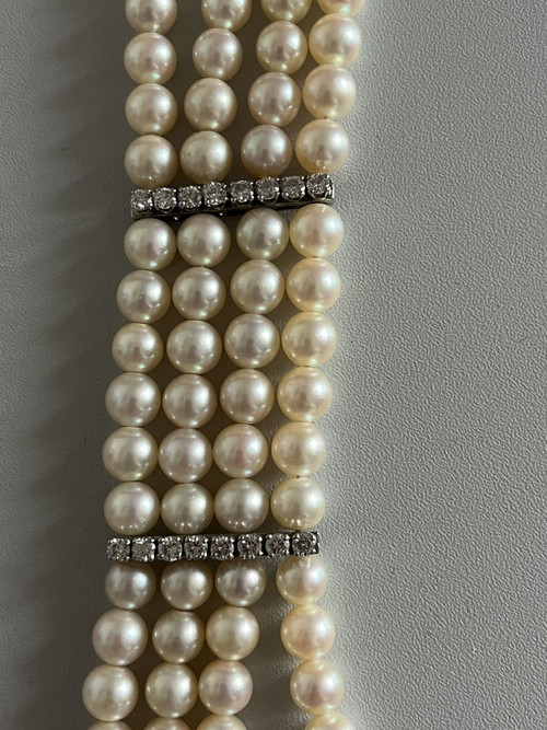 5329- Bracelet 4 Strands Of Pearls Diamond Bars