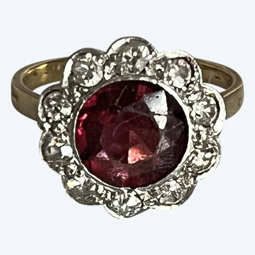 5331- Antique Flower Ring Yellow Gold And Grey Garnet Diamonds