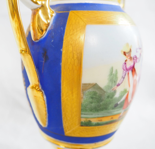 Pair of Empire period vases in Paris porcelain and biscuit, blue and gold polychrome decoration