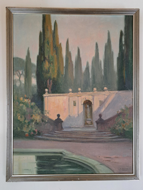 André Advier, The Terraces and Cypresses of the Villa d'Este, Oil On Canvas, 1937.