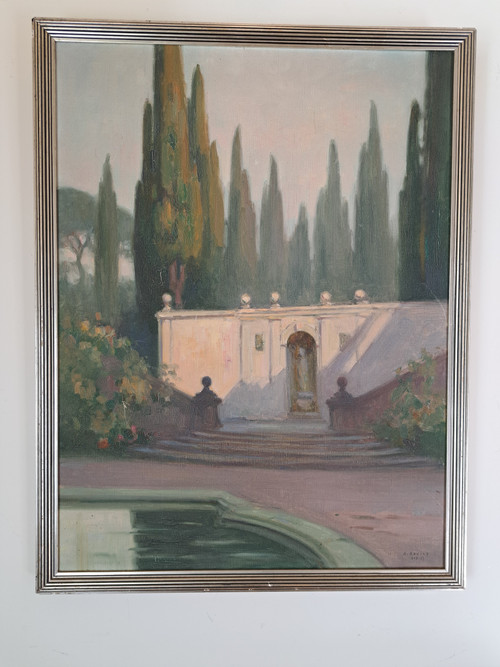 André Advier, The Terraces and Cypresses of the Villa d'Este, Oil On Canvas, 1937.