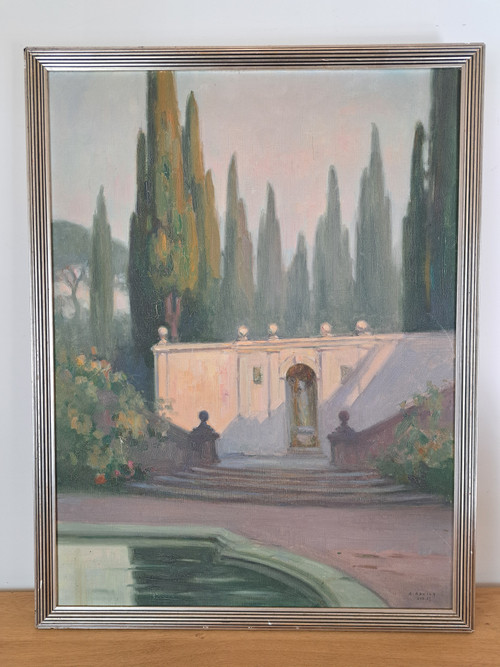 André Advier, The Terraces and Cypresses of the Villa d'Este, Oil On Canvas, 1937.