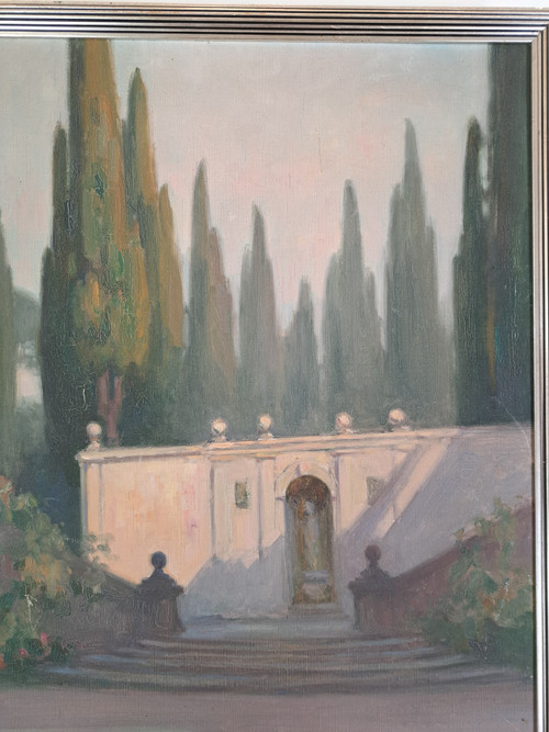 André Advier, The Terraces and Cypresses of the Villa d'Este, Oil On Canvas, 1937.