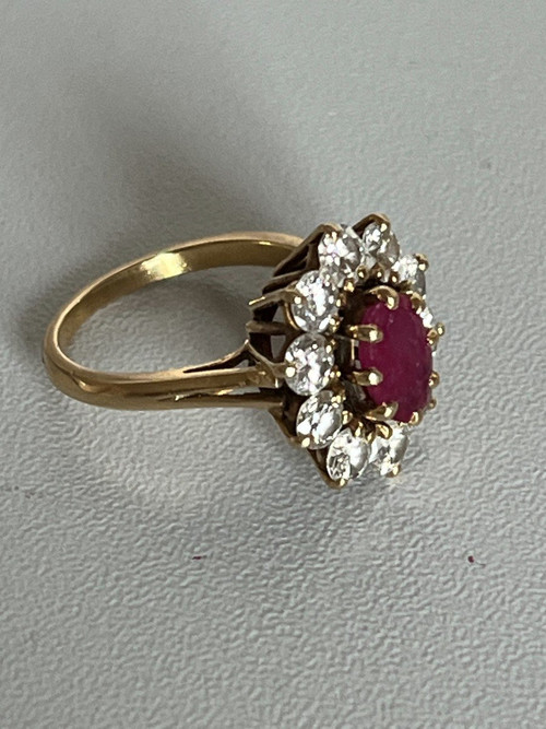 4205- Bague Pompadour Or Jaune Rubis Diamants 1,50 Ct