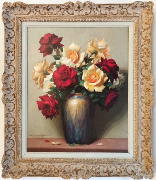 Painting Oil On Canvas Still Life Roses By Gaston Albert - Lavrillier Mid Century