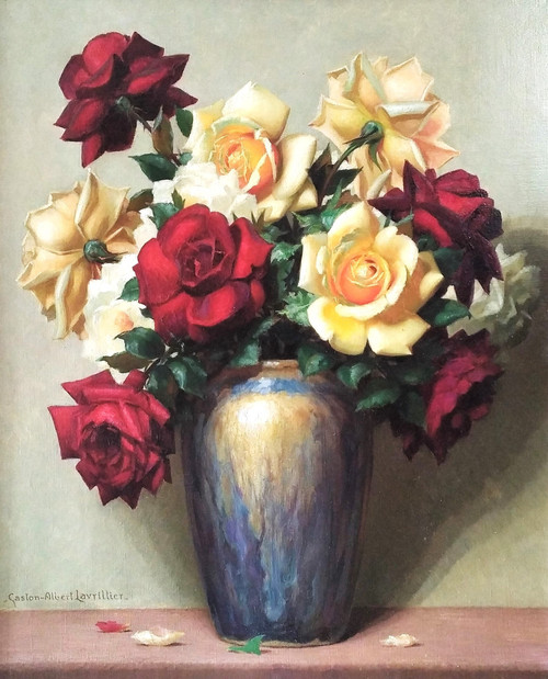 Painting Oil On Canvas Still Life Roses By Gaston Albert - Lavrillier Mid Century