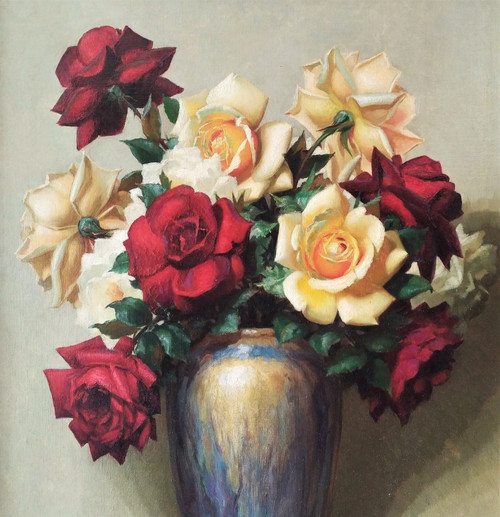 Painting Oil On Canvas Still Life Roses By Gaston Albert - Lavrillier Mid Century