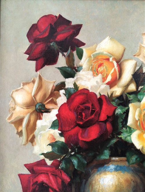 Painting Oil On Canvas Still Life Roses By Gaston Albert - Lavrillier Mid Century