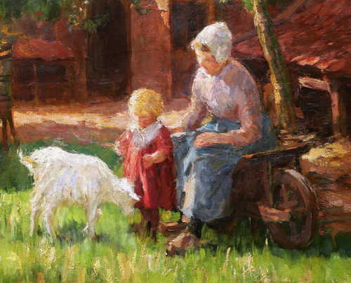 Bernard Jean Corneille POTHAST, Peasant woman and her daughter in a sunny farmyard