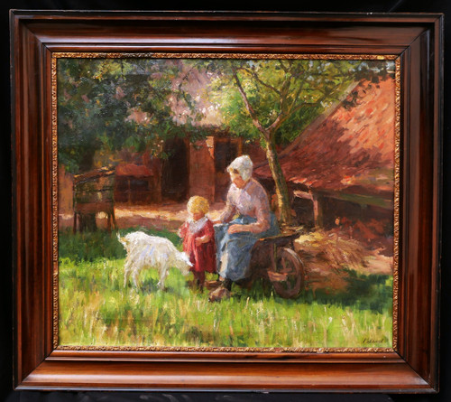 Bernard Jean Corneille POTHAST, Peasant woman and her daughter in a sunny farmyard