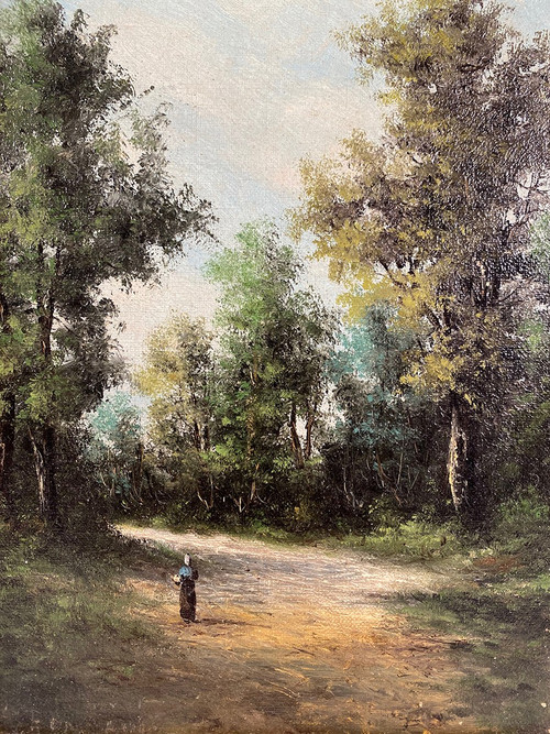 Alain Bonnaud (XXe), petite huile sur toile. “Femme sur un chemin en forêt”