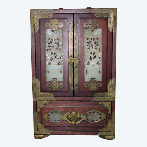 XXth Century Small Chinese Wood and Hard Stone Cabinet