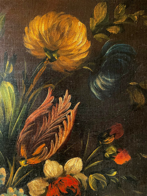 19th century Dutch school, oil on canvas. "Bouquet of flowers on an entablature".