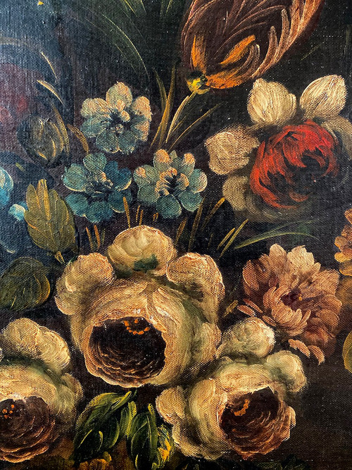 19th century Dutch school, oil on canvas. "Bouquet of flowers on an entablature".