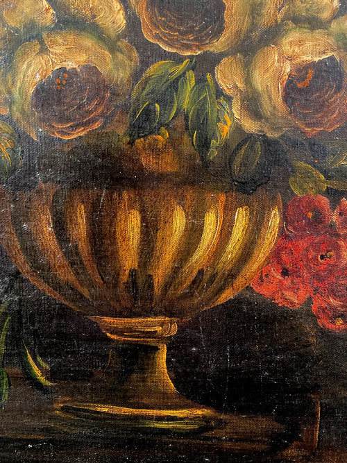 19th century Dutch school, oil on canvas. "Bouquet of flowers on an entablature".