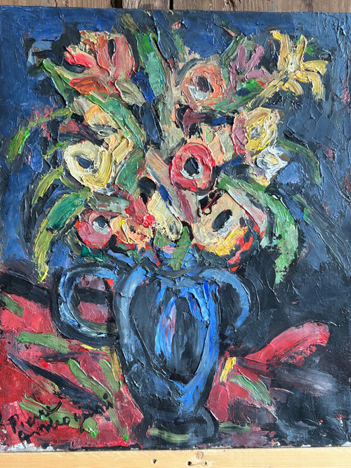 Pierre Ambrogiani (1906-1985) Huile Sur Toile - Bouquet De Fleurs Au Vase Bleu 