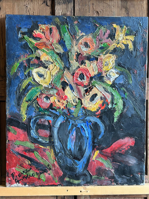 Pierre Ambrogiani (1906-1985) Huile Sur Toile - Bouquet De Fleurs Au Vase Bleu 