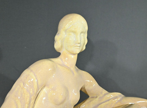 Art Deco sculpture "Jeune femme parmi les fleurs", Odyv, Manufacture Berlot-Mussier - 1930