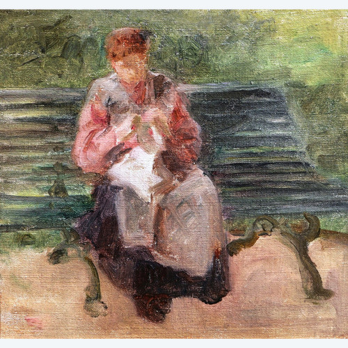 Gustave POETZSCH, Femme cousant sur un banc public