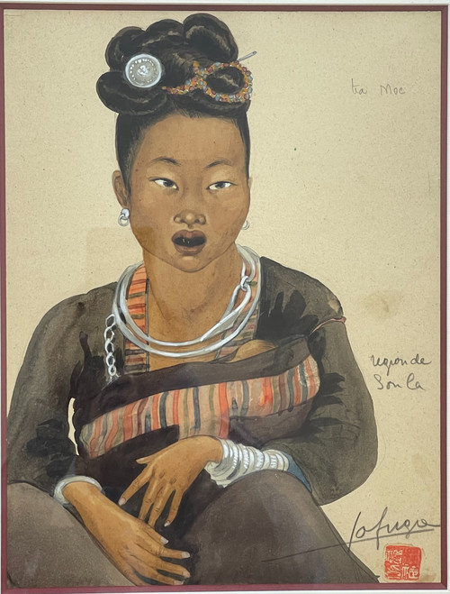   Watercolor of a child and a woman "Ta Moc" from the Soula region, Léa LAFUGIE (1890-1972)