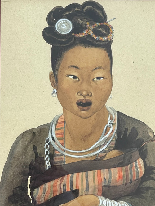   Watercolor of a child and a woman "Ta Moc" from the Soula region, Léa LAFUGIE (1890-1972)