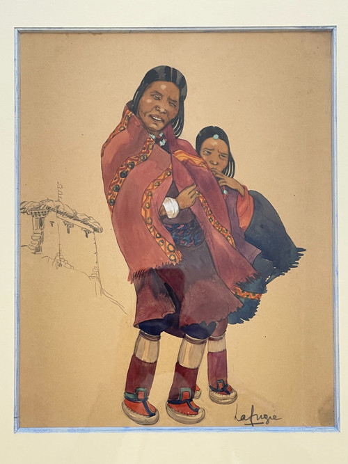 Léa LAFUGIE (1890-1972), gouache of a woman and child in Tibet