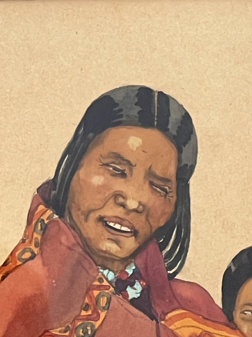 Léa LAFUGIE (1890-1972), gouache of a woman and child in Tibet