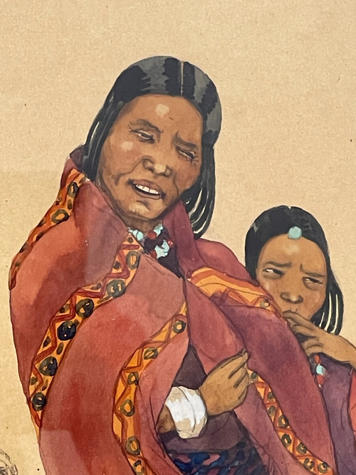 Léa LAFUGIE (1890-1972), gouache of a woman and child in Tibet