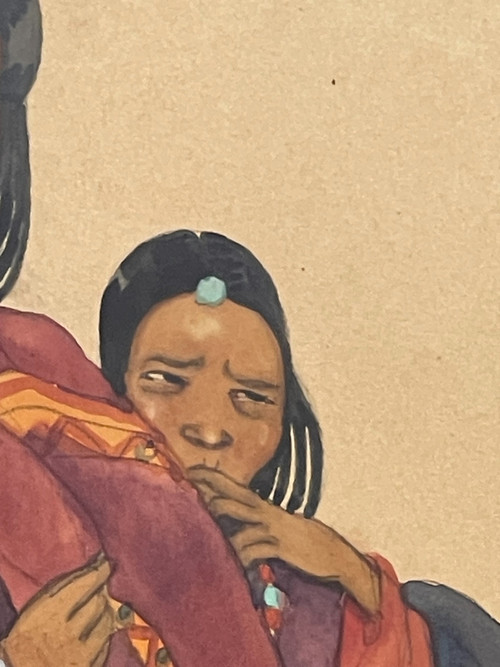 Léa LAFUGIE (1890-1972), gouache of a woman and child in Tibet