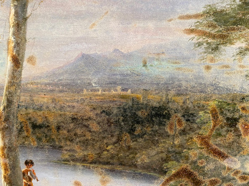 Fixed under glass, 19th century French school. Animated landscape