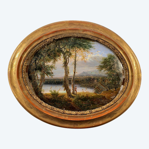 Fixed under glass, 19th century French school. Animated landscape