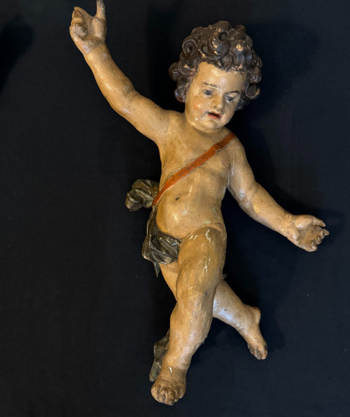 Paire de putti en bois sculpté et peint du XVIIIème (Anges, cupidons)