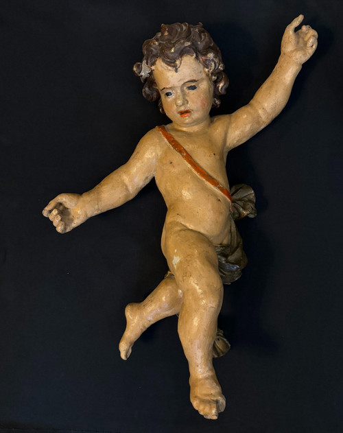 Paire de putti en bois sculpté et peint du XVIIIème (Anges, cupidons)