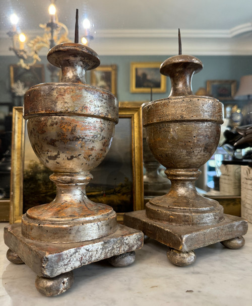 Pair of carved wood and silvered candlesticks 18th century