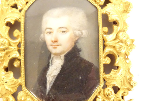 Painted Miniature Portrait Noble Gentleman Gilded Bronze Frame 19th Century