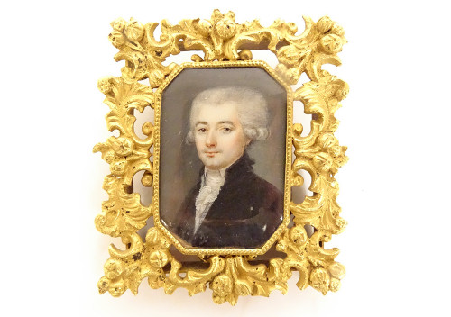 Painted Miniature Portrait Noble Gentleman Gilded Bronze Frame 19th Century