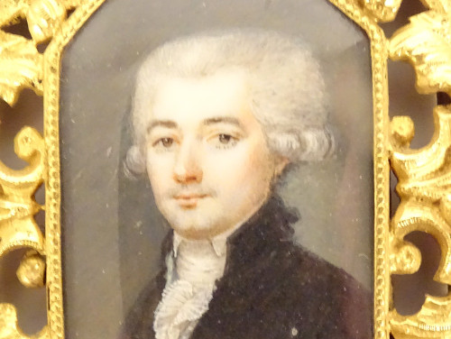 Painted Miniature Portrait Noble Gentleman Gilded Bronze Frame 19th Century