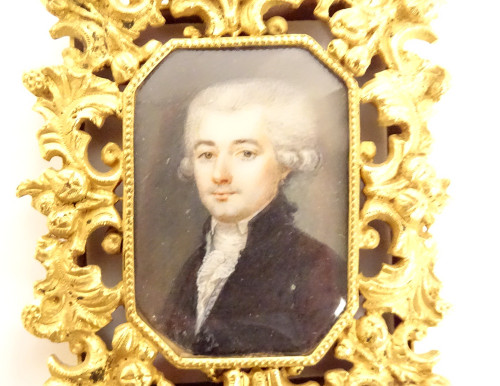 Painted Miniature Portrait Noble Gentleman Gilded Bronze Frame 19th Century