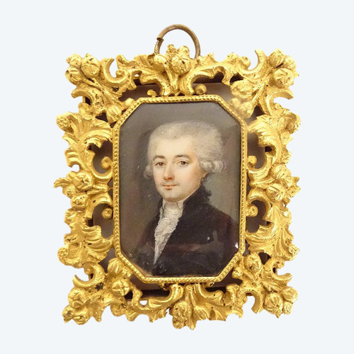 Painted Miniature Portrait Noble Gentleman Gilded Bronze Frame 19th Century