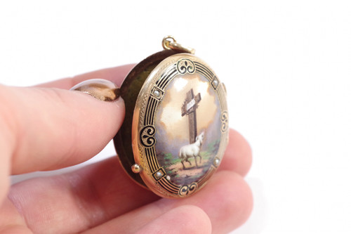 Enameled Swiss antique locket in 14k gold, victorian enamel locket pendant, christian pendant