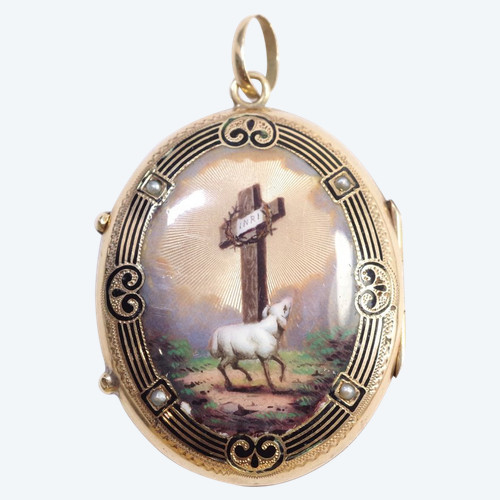 Enameled Swiss antique locket in 14k gold, victorian enamel locket pendant, christian pendant