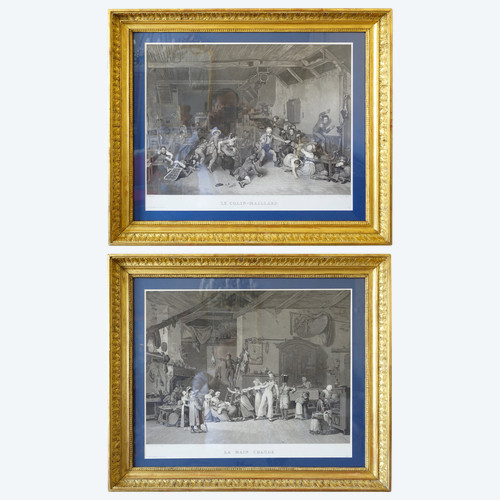 Paire de gravures Empire : La main chaude et Le Colin Maillard, cadres en bois doré 72,5cm x 62,5cm